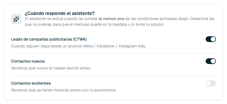 Tarjeta para elegir cuándo responde el asistente