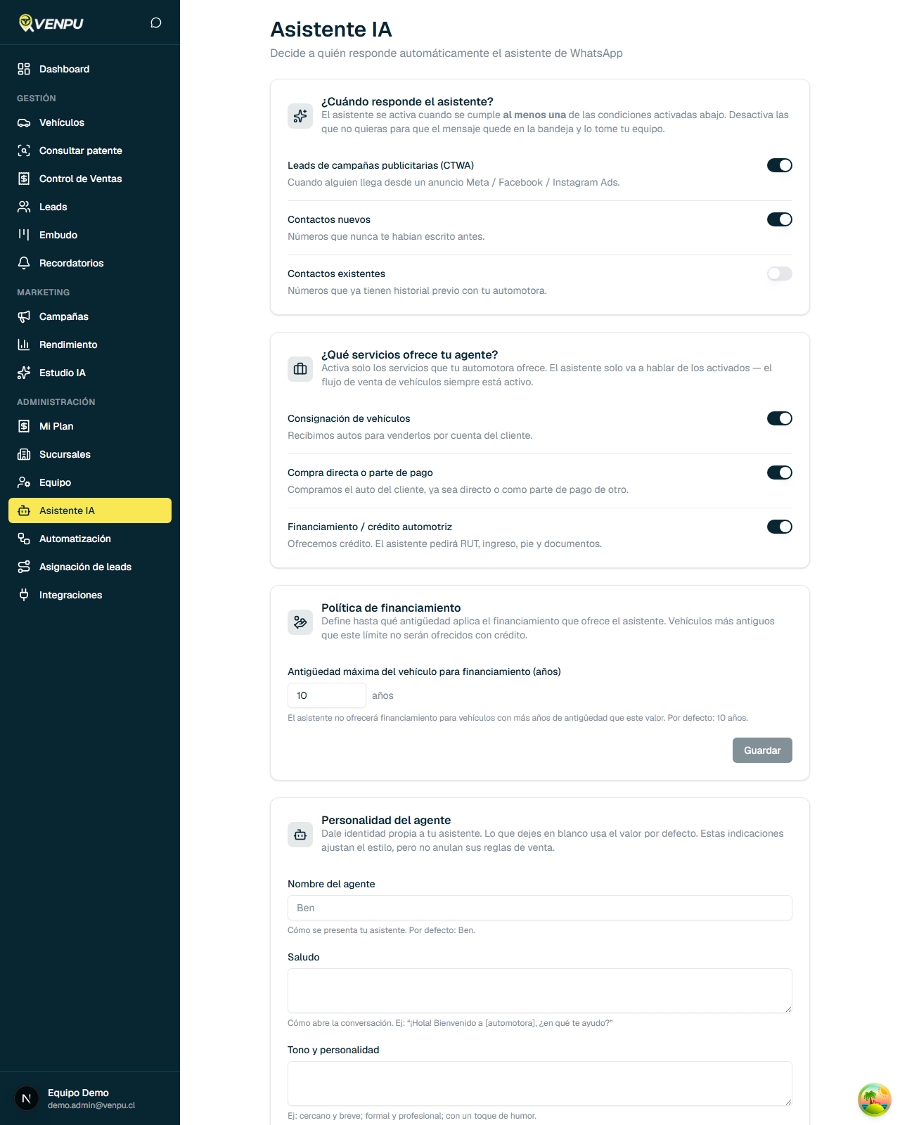 Página de configuración del Asistente IA en el panel de Venpu