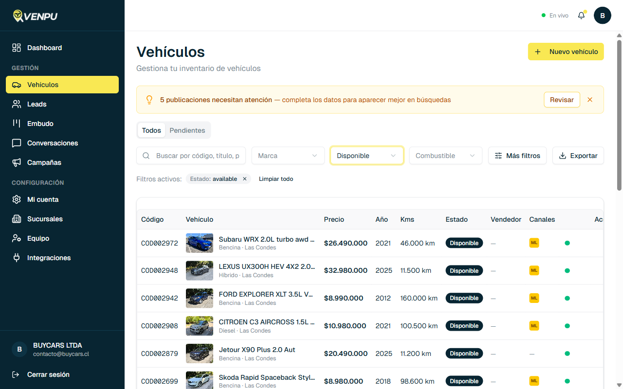 Filtros activos mostrando Estado: available con opcion de limpiar