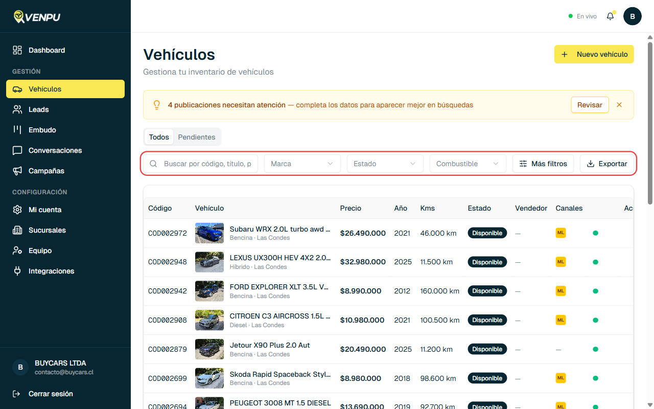 Barra de filtros del inventario de vehiculos