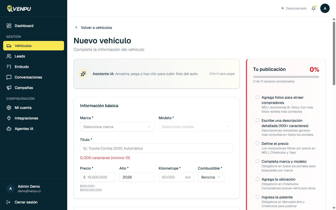 Formulario de nuevo vehiculo con el Asistente IA