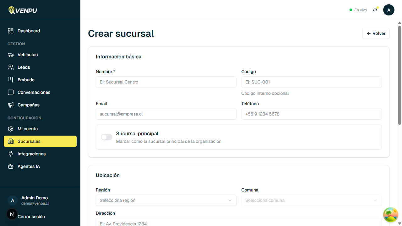 Formulario de creacion de sucursal con informacion basica y ubicacion
