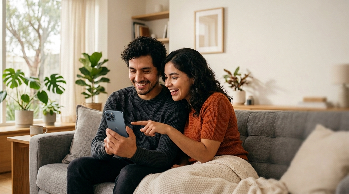 Pareja buscando vehículos desde su celular